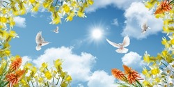 yellow and orange spring flowers and flying doves in the sky background. stretch ceiling sky model. spring flowers and sky landscape