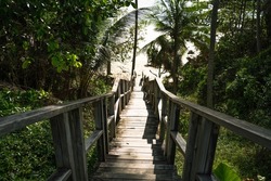 Footprints POV walking down downstairs wooden boardwalk stairs steps leading beach shore coconut palm trees seaside.Person walking barefoot wooden boardwalk sea sunlight.  