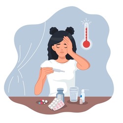 A sick girl measures her body temperature. A young woman with a headache surrounded by medicines and pills. Flu, a viral disease. Cold and fever. Coronavirus. Vector illustration