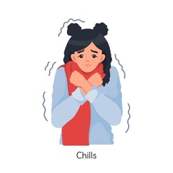 Chills. A girl in a warm scarf is trying to keep warm. This woman is sick. Chills due to coronavirus or flu. Colds, viral diseases. Isolated vector illustration on a white background