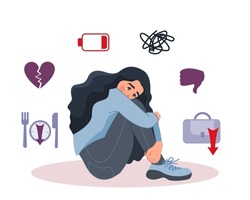 An unhappy depressed girl is sitting on the floor. The girl suffers from failures in her personal life, emotional burnout, problems at work, fatigue and a downed regime. The concept of mental health