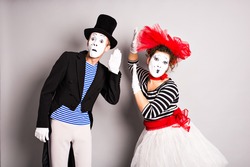 Street artists performing, Two mimes man and  woman in april fools day