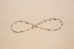 infinity symbol written on sand.