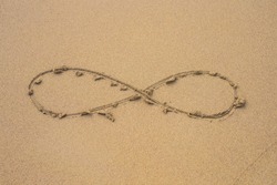 infinity symbol written on sand on the beach.