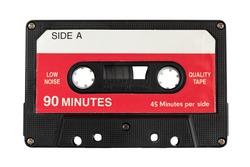 Audio cassette tape isolated, red and white colors