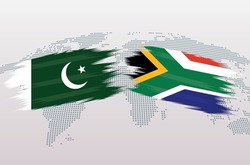Pakistan and South Africa flags. Pakistani and South Africa flags, isolated on grey world map background. Vector illustration.