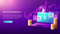 Cryptocurrency bitcoin exchange market isometric landing page. digital money mining, computer and laptop screen with trading chart