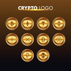 Cryptocurrency logo set - Bitcoin, Ethereum, Tether, Binance, Cardano, USD Coin, XRP, Dogecoin, Polkadot. Golden coins with Cryptocurrency symbol logo. Golden Coin with cryptocurrency symbol