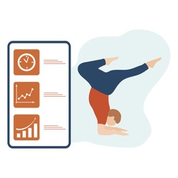 Vector illustration with person does yoga exercise, yoga pose and display with yoga app. Yoga for everyone. Healthy lifestyle. Balance training. Design for app, websites, print, presentation.