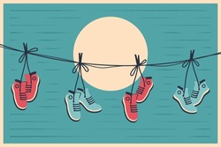 Sneakers hanging in retro style. Pair of shoes with tied laces dangling on a string. Vector flat illustration for banner, poster, cover art