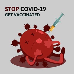 Syringe with vaccine kills coronavirus. Injection defeats the virus. Concept of vaccination. Get vaccinated banner. Vector illustration in flat style.