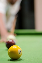 a close shot of pool table and ball