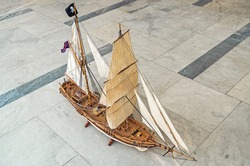 Model of a small two-masted sailing vessel fast and maneuverable on which pirates hunted