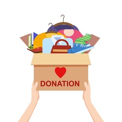 Hands hold a donation box with clothes, books, shoes. help for refugees, poor kids. Awareness and charity concept, vector, illustration flat cartoon style