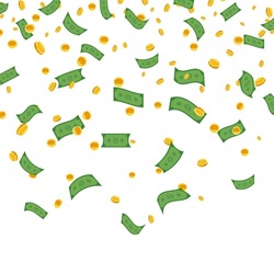 Falling paper banknotes, gold coins, dollar money rain. Flying money earnings luck, fortune in lottery. Vector white background
