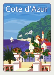 Cote de l'azur French Riviera coast poster vintage. Resort, coast, sea, beach. Retro style illustration vector