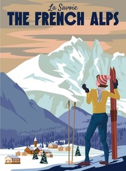The French Alps Ski resort poster, retro. Mont Blanc Winter travel card, girl with ski