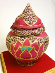 beautiful thai decoration, ephemera art cup, red benjarong cup, decorated from thai silk.