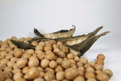 Group of dry peas and the pod on white background 