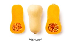 Ripe sliced butternut squash isolated on white background with copy space