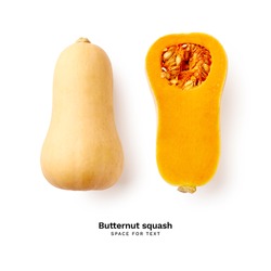 Ripe sliced butternut squash isolated on white background with copy space