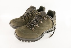 New men's running shoes for outdoor sports, strong, sturdy, moss green trekking shoes, autumn colors on white background