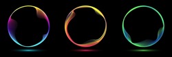 Set of glowing neon color circles round curve shape with wavy dynamic lines isolated on black background technology concept. Circular light frame border. You can use for badges, price tag, label