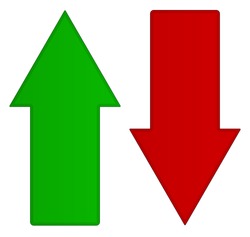 Simple up and down arrows. Upward, downward arrows in green and red