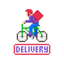 Delivery man with a bag on a green bicycle, pixel art character isolated on white background. Fast food restaurant order mobile app,site icon.Online shopping service symbol. Courier guy on a mission.