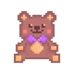 Vector pixel art illustration, kind smiling and blushing sitting stuffed brown toy bear with violet bow isolated on white background. Teddy bear icon.