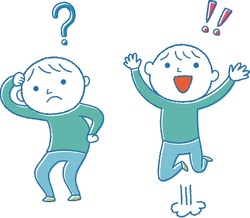 It is an illustration of two sets of a man who thinks about a question mark and a man who comes up with something and jumps and has an exclamation mark.