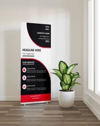 Roll up banner mockup with a plant beside the window