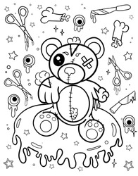 Kawaii bear. Coloring book for children. Coloring book for adults. Halloween coloring page. Horror. Kawaii. Black and white illustration