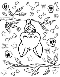 Kawaii bat. Coloring book for children. Coloring book for adults. Halloween coloring page. Cute bat. Black and white illustration