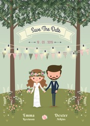 Rustic bohemian cartoon couple wedding invitation card in the forrest, Chic and romantic card