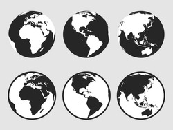 Realistic simple gray world map illustration in globe shape isolated on background. Vector icon set of globes of earth