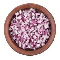 Bowl of chopped red onion on white background. Top view.