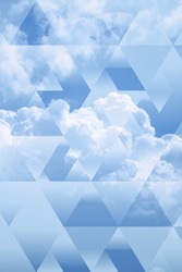abstract sky geometric background with polygons, triangles and cumulus clouds,  polygonal cloudscape backdrop, op art 