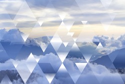 abstract sky geometric background with triangles, mountains and cumulus clouds, polygonal cloudscape backdrop, op art, altitude, sunset