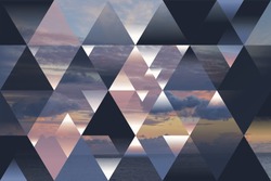 abstract sea geometric background with triangles and cumulus clouds; polygonal cloudscape backdrop; water, evening, sunset, op art 