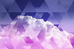abstract sky geometric background with polygons, triangles and cumulus clouds,  polygonal cloudscape backdrop, op art, altitude. reality is an illusion. 
