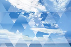 abstract sky geometric background with polygons, triangles and cumulus clouds, polygonal cloudscape backdrop, op art, altitude. reality is an illusion.