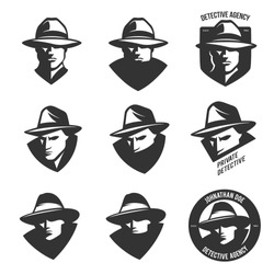 Set of detective agency emblems with abstract men heads in hats. Trendy design elements for labels, logos, badges. Vintage vector illustration