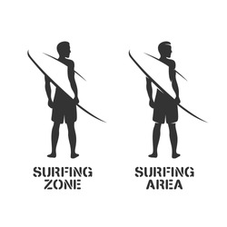 Surfing related wall art stencil. Surfer silhouette with surfboard. Negative space print. Surfing zone and area text. Vector vintage illustration.
