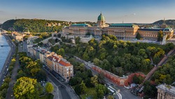 Budapest, Hungary - Aerial view of the beautiful Buda Castle Royal Palace with Hungarian Citadel at background on a sunny summer afternoon