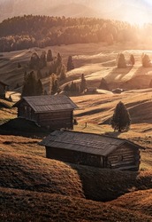 Alpe di Siusi, Italy - Traditional wooden cabins at Seiser Alm, an alpine meadow on a warm autumn sunrise at the Italian Dolomites, South Tyrol