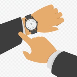 Wristwatch on the hand of businessman in black suit. Vector illustration of time on wrist watch. Man with classic clock checks the time. Hand with modern clock isolated on transparent background. 