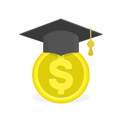 Scholarship concept - Savings for higher education. Conception of education fee, education expenses, school tuition cost, flat style cartoon graduation cap with coin, education finances.