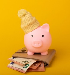 Savings concept. Piggy bank and money on a yellow textural background. A piggy bank in a warm winter hat that saves heat. The concept of saving heating. Place for text. copy space