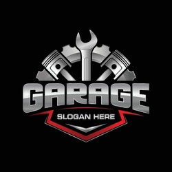 Automotive garage logo. Combination of automobile tools, gears, pistons, and wrench. Perfect logo for auto services, automobile parts shops, and any other car related businesses.
